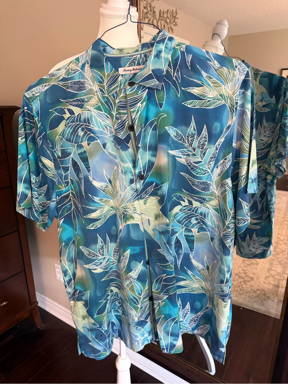 Tommy Bahama Teal and White Botanical Short-Sleeve Camp Shirt